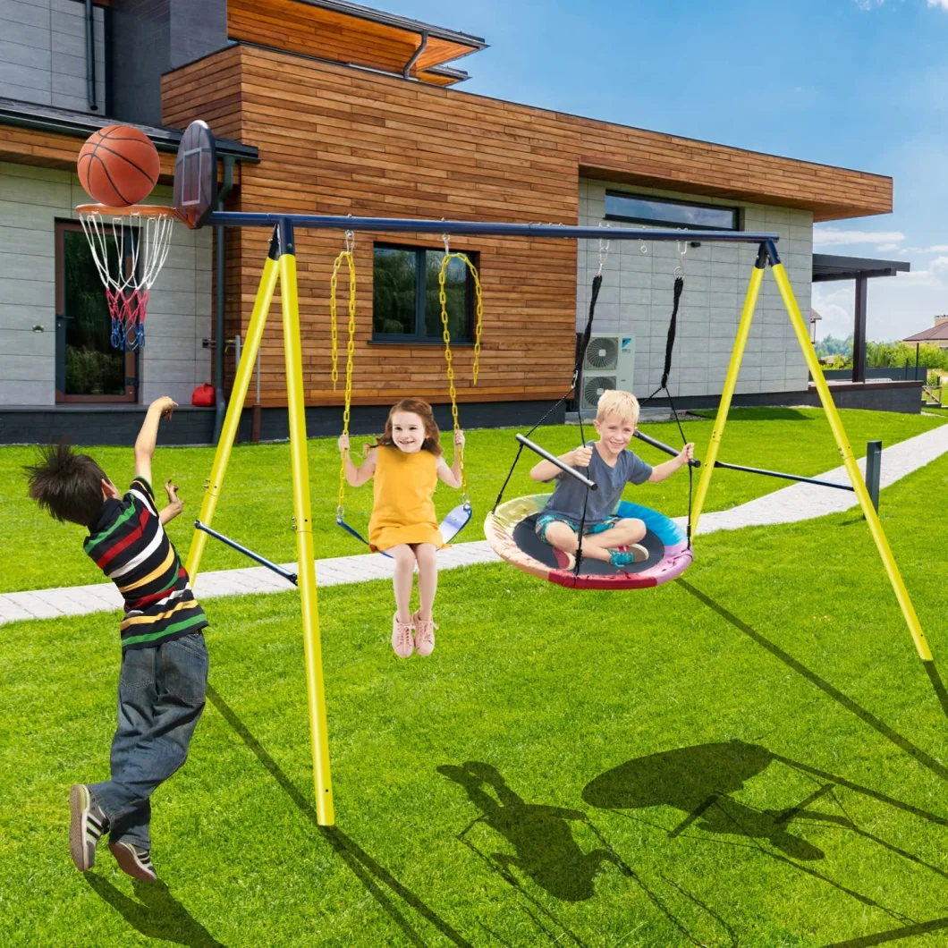 2023 Outdoor Metal Swing Set 3 Play Station with Basketball Hoop, 550 Lbs Function Kids Swing Saucer