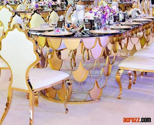 Factory New Fashion Design Party Gold Silver Stainless Steel Plating Marble Glass Desktop Luxury Fish Scale Wedding Banquet Table