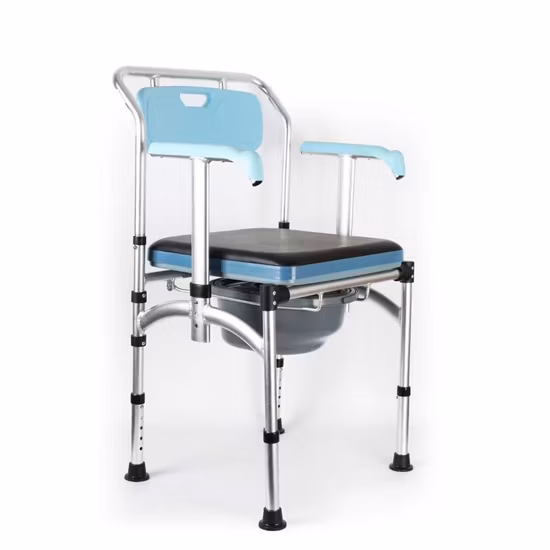 Tragbarer, faltbarer WC-Toilettenstuhl aus Stahl mit verchromtem Rahmen und fester Armlehne